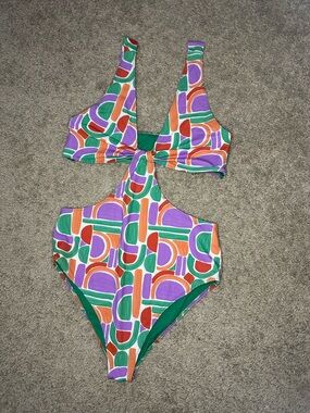 Brazilian Multicolor Cutout One-Piece Swimsuit - Green, Purple & Orange